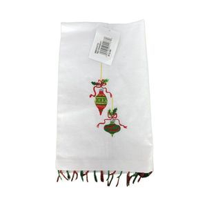 Christmas Traditions PHI White Embroidered Ornaments‎ Tassle Beaded Tea Towel